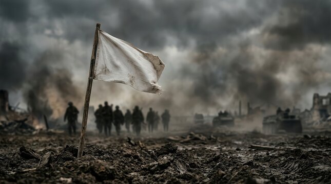 Fragile peace in a battlefield setting with a white surrender flag and soldiers in the distance.