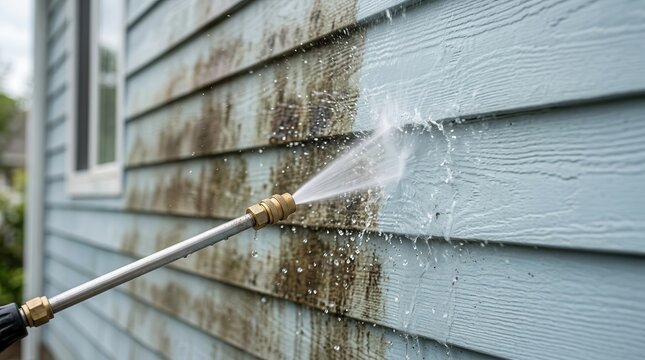 Home maintenance cleaning using a high pressure washer to remove stains from house siding.