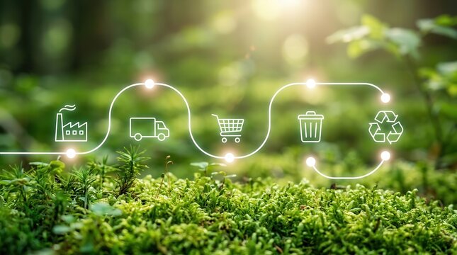 Circular economy concept featuring a digital green supply chain over a lush green natural background.