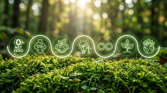 Environmental sustainability and net zero concept with circular icons for clean energy and carbon reduction.
