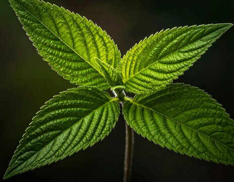 Close-up of a vibrant, four-leafed plant with textured, green leaves radiating outwards against a dark, blurred background