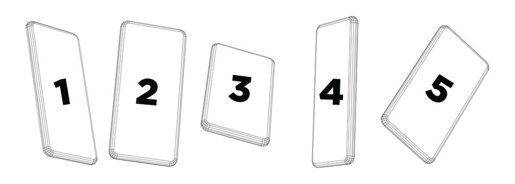 Black and White Hand Drawn Sketch Illustration of Five Numbered Rectangular Frames Arranged in Varied Tilts and Perspectives Representing Sequential Order and Creative Layout Planning Isolated