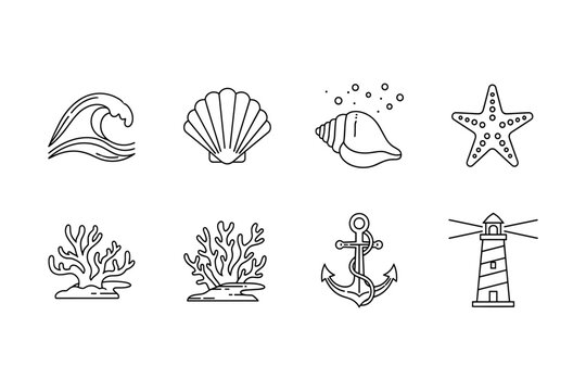 Nautical and marine life icons collection with wave, shells, coral, anchor, and lighthouse