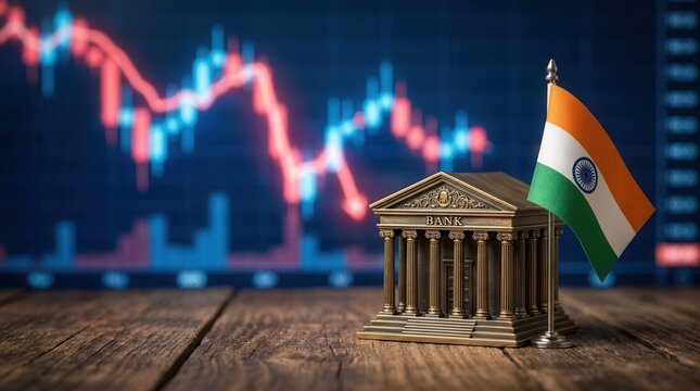 Financial institutions in India concept with a miniature bank model and the Indian flag.