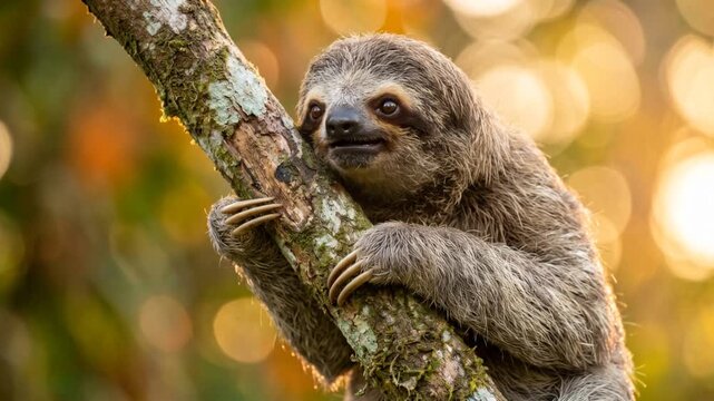sloth monkey on a branch close up macro blur golden light background