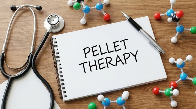 Endocrinology medical education setup featuring pellet therapy notes and molecular models.