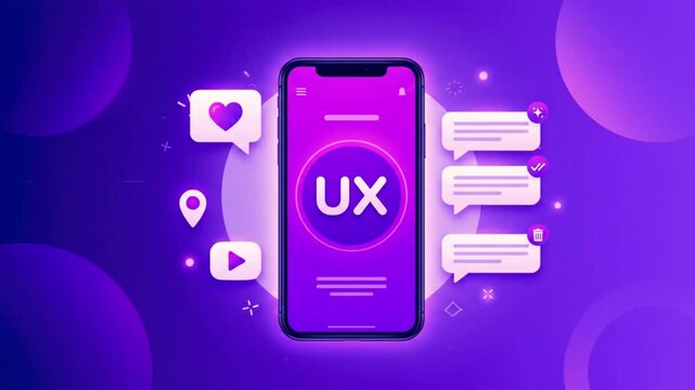 Smartphone with ux design on screen and chat bubbles around it on purple background