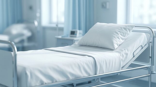 Contemporary hospital ward interior with a clean bed and healing blue lighting.