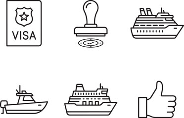 Naklejka premium Set Of Travel And Approval Icons Including Visa Stamp, Cruise Ships, And Thumbs Up On White Background