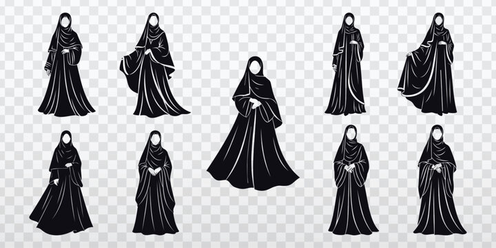 Elegant modest woman silhouettes in flowing abaya and hijab outfits, black vector character set for fashion, culture, lifestyle, editorial, religious, and decorative design projects.