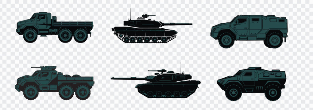 Military vehicle icon set with armored trucks, tanks, and tactical transport illustrations in dark green flat vector style for defense themes, game assets, posters, and educational graphics.