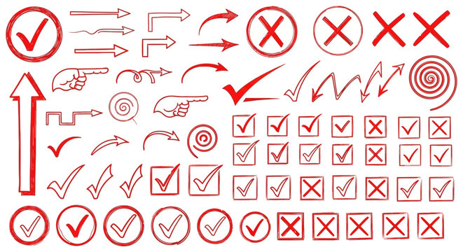 Collection of red handdrawn checkmarks, arrows, and symbols for business or design use