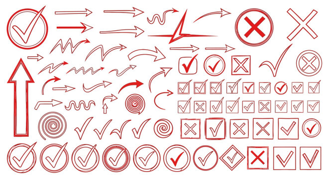 Collection of red handdrawn checkmarks, arrows, and symbols for business or design use