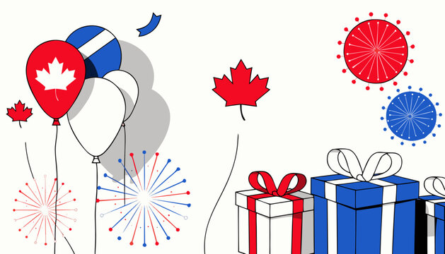 Canada Day, patriotic icons, red maple leaf, fireworks, gift boxes, vector celebration elements