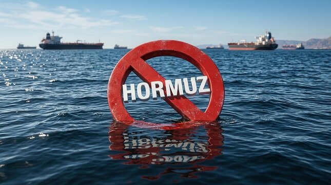 Visual concept of the Hormuz strait being prohibited with a red no-entry sign and tanker vessels.