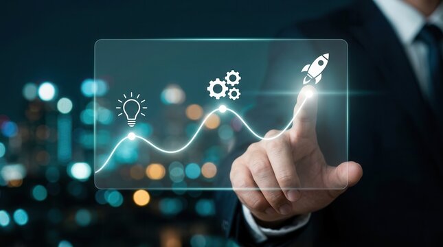 A professional hand interacting with a virtual interface for new product development and project roadmap planning.