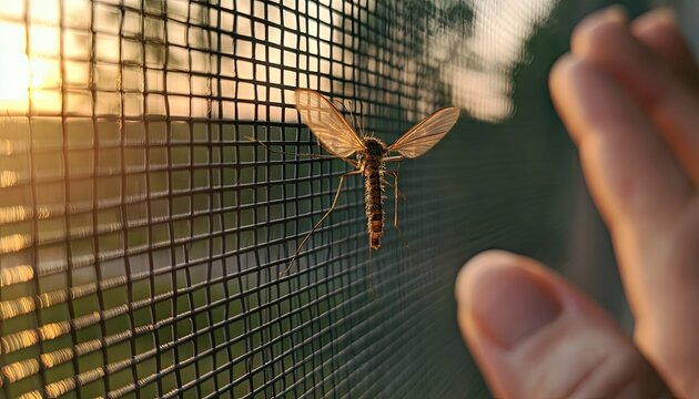 Macro shot of a winged insect on screen with sunset and hand nearby