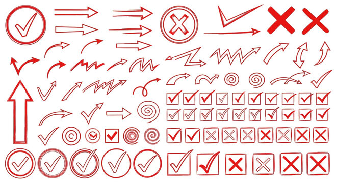 Collection of red checkmark and arrow icons on for design and infographics