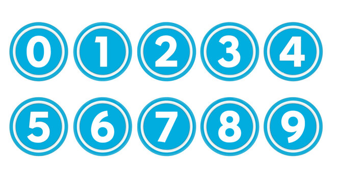 A 3d blue number button set and numeral font icons illustration containing numbers from zero to eight on a white circle web symbol sign design
