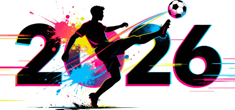 Vector silhouette illustration of a soccer player freestyle kicking a ball in front of the number 2026