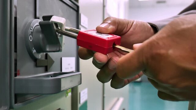 Worker performing the final step of a Lockout Tagout procedure by removing a safety lock from an electrical disconnect switch, representing compliance, hazard prevention, and operational readiness.