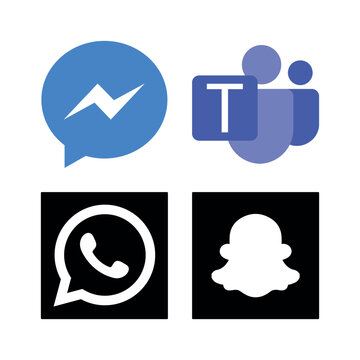 Set of four essential communication and social media app icons: Facebook Messenger, Microsoft Teams, WhatsApp, and Snapchat. Vector graphics perfect for UI/UX design, digital marketing, and web.