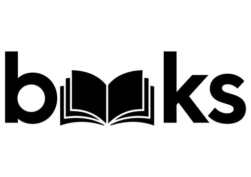 Minimalist typography logo featuring an open book cleverly integrated into the word &ldquo;books.&rdquo; Clean black and white vector design with modern geometric styling, perfect for bookstores, libraries,