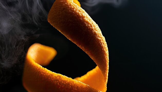 Twisted orange peel unfurls, releasing wisps of vapor against dark background