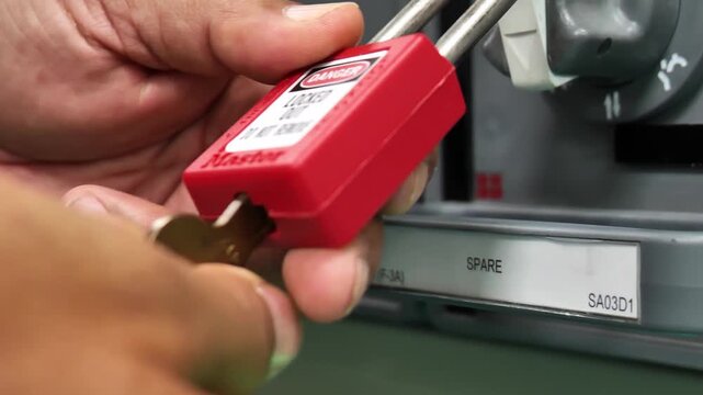 Industrial technician removing a Lockout Tagout padlock from an electrical isolation point after completing maintenance work, illustrating workplace safety procedures, energy control, and safe equipme