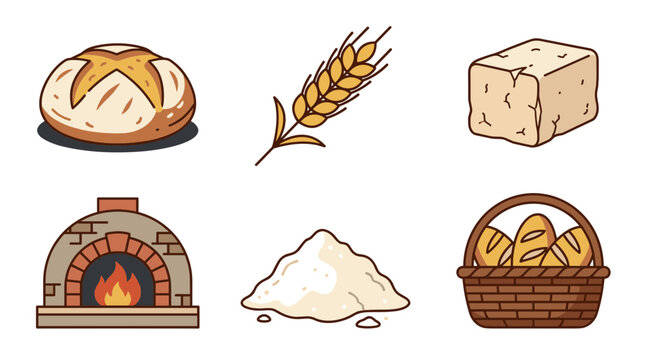 Baking ingredients and equipment illustration with bread wheat flour and oven