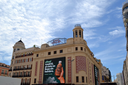 MADRID, SPAIN - JUNE, 4, 2026. Madrid callao cinema and commercial building with large billboard and curved towers for travel background and street banner design