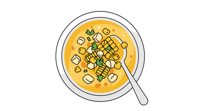 Top view of a bowl of corn chowder soup with a spoon, garnished with parsley and croutons