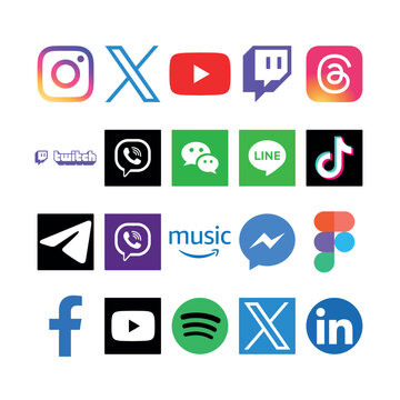 Extensive collection of 20+ prominent social media, streaming, and creative app logos including Instagram, X, TikTok, and Spotify. Professional high-resolution vector set for digital branding and UI 