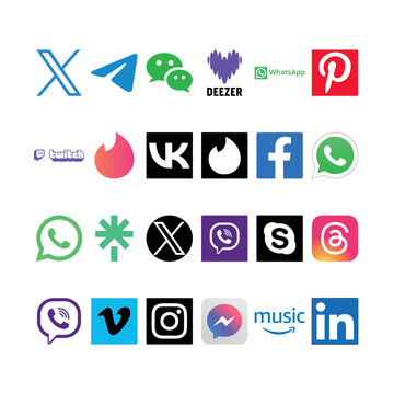 A versatile compilation of 24 social media, streaming, and professional networking app logos, including X, Telegram, Pinterest, Facebook, Instagram, and LinkedIn. Perfect for modern UI/UX design.