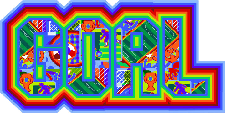 Vibrant word GOAL text neon effect isolated on white backdrop Typographic design with colorful hand drawn soccer football pattern ball fields goals fans players dynamic 2026 sports competition banner