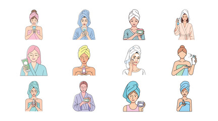 Fototapeta premium Various women performing beauty treatments with creams and serums after shower.