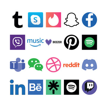 19 app icons: LinkedIn, Discord, Spotify, Twitch, Tumblr, Skype, Tinder, Snapchat, Facebook, Viber, Amazon Music, Deezer, Pinterest, Teams, WeChat, Dribbble, Reddit, Behance, Linktree. Vector UI set.
