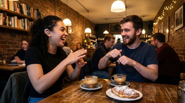 Diverse friends talking and laughing in cozy cafe