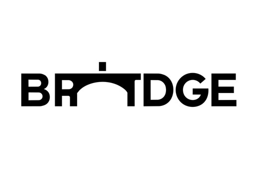 Minimalist bridge typography logo featuring a cleverly integrated bridge structure within bold modern lettering. Clean black and white vector design with geometric shapes