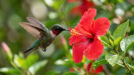 Fototapeta premium Hummingbird feeding on vibrant red hibiscus flower in garden