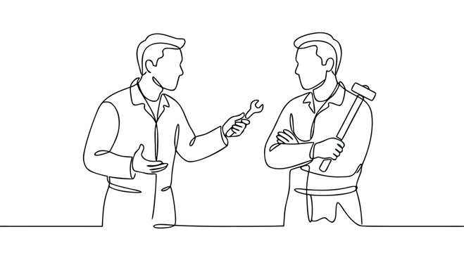 Two machinists argue over which tool to use, both holding the wrong one