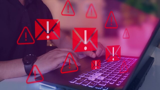 Suspect emails alert spam virus message caution sign for notification on internet threat security. Harmful, junk mail and Trash, Spam email pop up warning.
