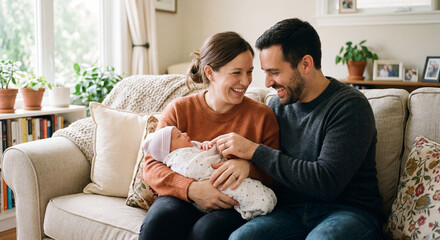 Obraz premium Happy parents lovingly gaze at their newborn baby while sitting on a couch