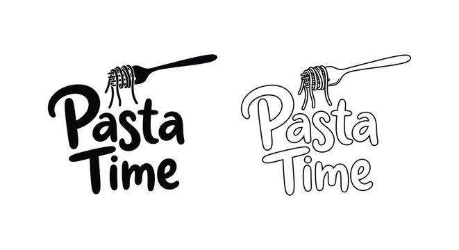 Pasta time lettering with fork and spaghetti silhouette food cuisine