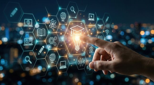 Online courses and webinar technology concept with AI-driven personalized learning and digital training.
