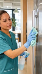Fototapeta premium Woman cleaner wearing gloves disinfecting office refrigerator door handle with spray and cloth. Daily professional office cleaning service and health safety during pandemic containment measure.