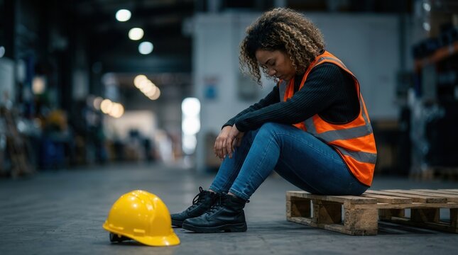 Despondent female worker in safety gear sitting dejectedly in a warehouse environment.
