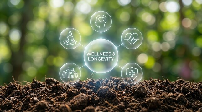 Wellness and longevity concept featuring health icons emerging from soil against a lush green background.