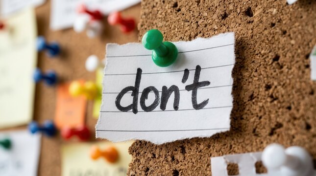Colorful thumbtacks holding a torn note with the word don't on a textured cork background.