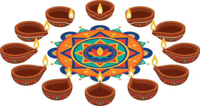 Diwali festival background with lit oil lamps and rangoli